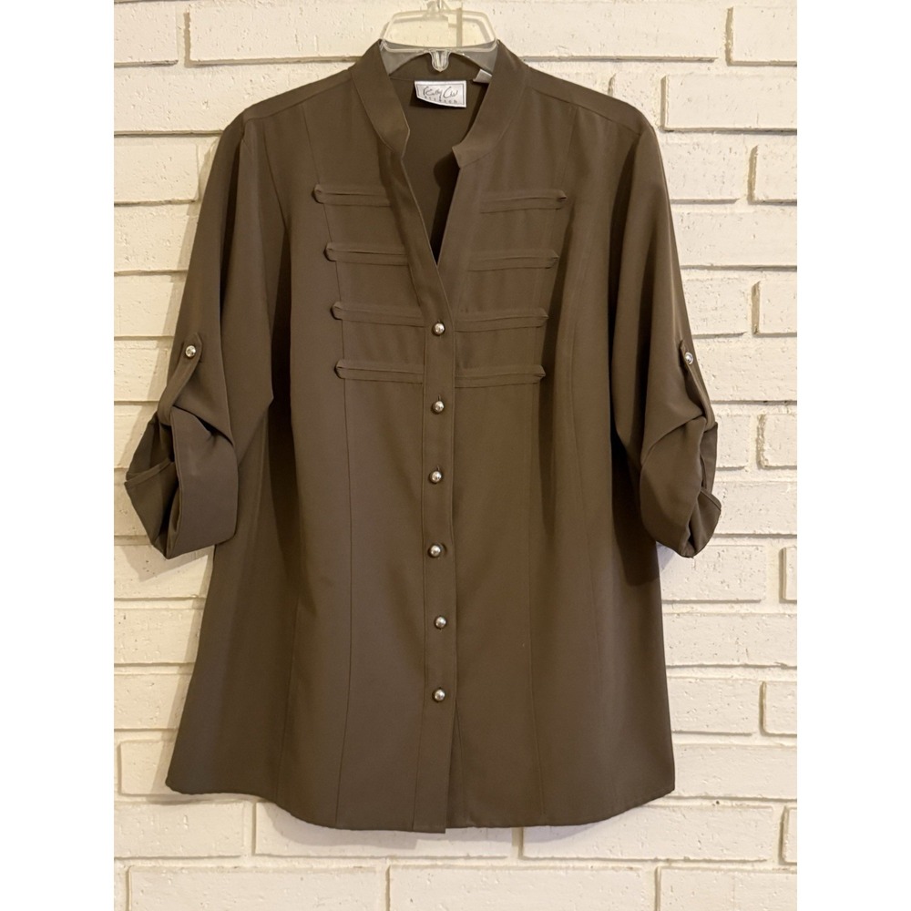 Kathy Che Button up‎ Green Military Style Roll-Tab Blouse Size 14/16W